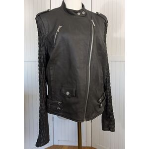 Kenneth Cole Leather Moto Jacket Black Cropped Quilted Sleeve XL